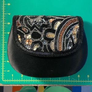 Beaded & Satin Black Clutch w/ Crossbody Strap